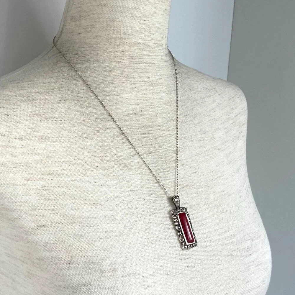 Sterling Silver 925 Faux Red Coral Rectangular Scrollwork Pendant Necklace 20